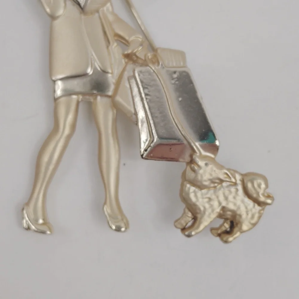 Vintage AJC Woman With Shopping Bags And Dog Brooch Pin